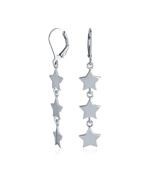 American USA Patriotic Celestial Rock Three Star Linear Drop Dangle Earrings for Women .925 Sterling Silver French Wire