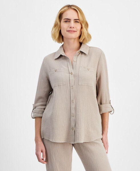 Petite Cotton Button-Front Roll-Sleeve Shirt