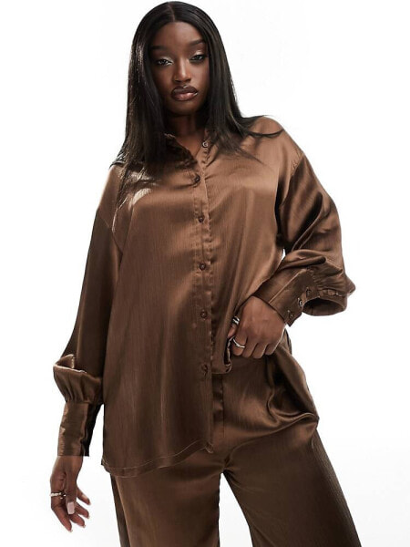 In The Style long sleeve satin shirt co-ord in chocolate