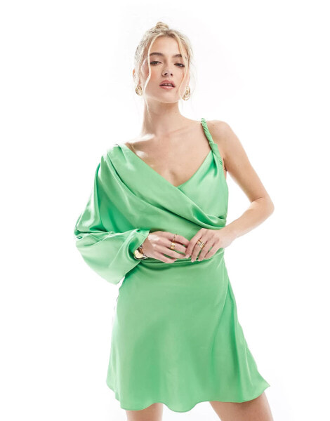 ASOS DESIGN one shoulder twist detail draped mini dress in bright green