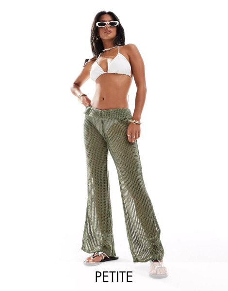 ONLY Petite flare beach trousers with folded waistband in light green