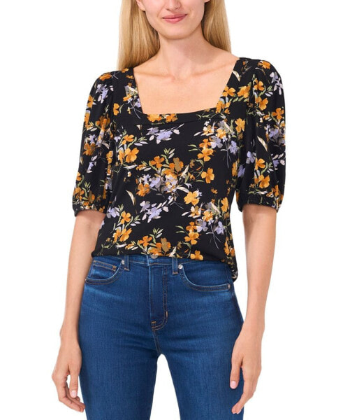 Women's Floral Square-Neck Puff-Sleeve Top