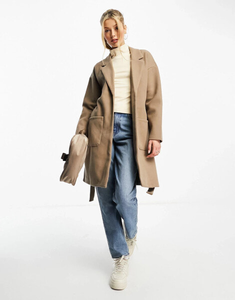 Pieces oversized collar belted coat in camel