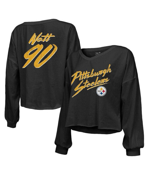Women's Threads T.J. Watt Black Distressed Pittsburgh Steelers Name and Number Off-Shoulder Script Cropped Long Sleeve V-Neck T-shirt