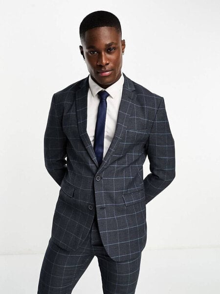 New Look skinny suit jacket in grey & blue check