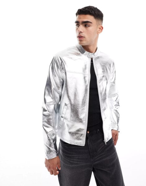 ASOS DESIGN racer jacket in metallic silver