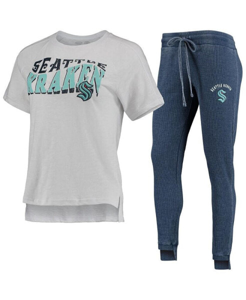 Women's Deep Sea Blue, White Seattle Kraken Resurgence Slub Burnout Raglan T-shirt and Joggers Sleep Set