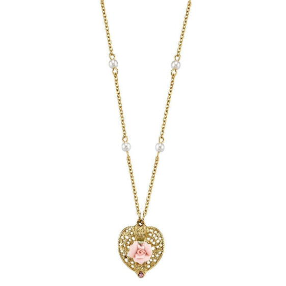 Gold-Tone Pink Crystal Heart and Pink Porcelain Rose Filigree Necklace 16" Adjustable