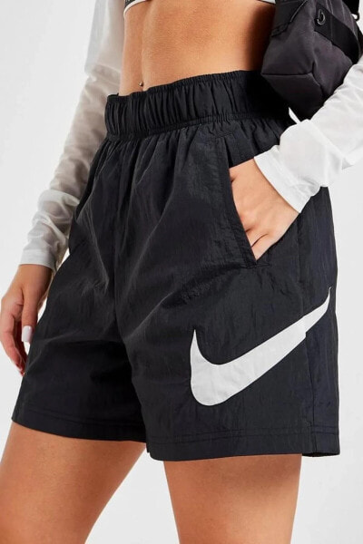 Sportswear Loose Fit Woven Shorts Black File Astarlı ipli Bol Kesim Kadın Siyah Şort