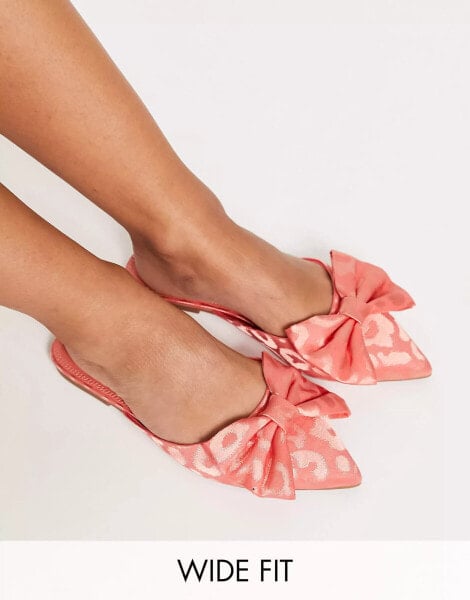 ASOS DESIGN Wide Fit Lass oversized bow pointed flat mules in coral satin