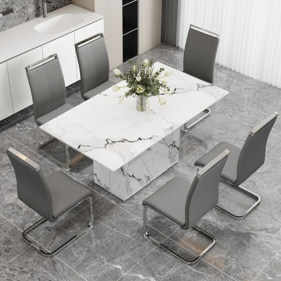 White Marble Dining Table Set with 6 High Back Chairs