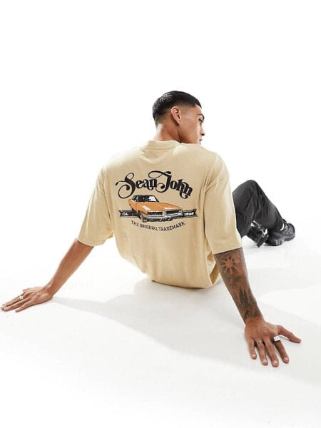 Sean John script t-shirt in beige with retro car back print