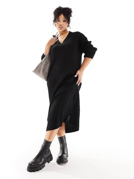 River Island Plus rib maxi knit dress in black