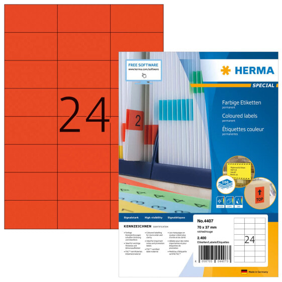 HERMA Coloured Labels A4 70x37 mm red paper matt 2400 pcs. - Red - Rectangle - Permanent - Paper - Matte - Laser/Inkjet