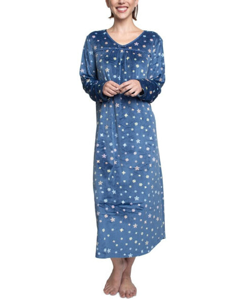 Women's Printed V-Neck Velour Nightgown
