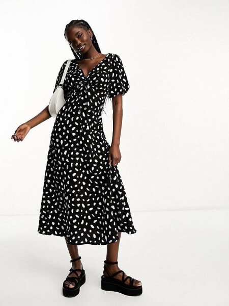 New Look puff sleeve midi dress in black smudge print