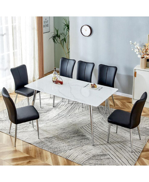 Modern Minimalist Glass Dining Table Set (1 Table & 6 PU Chairs)