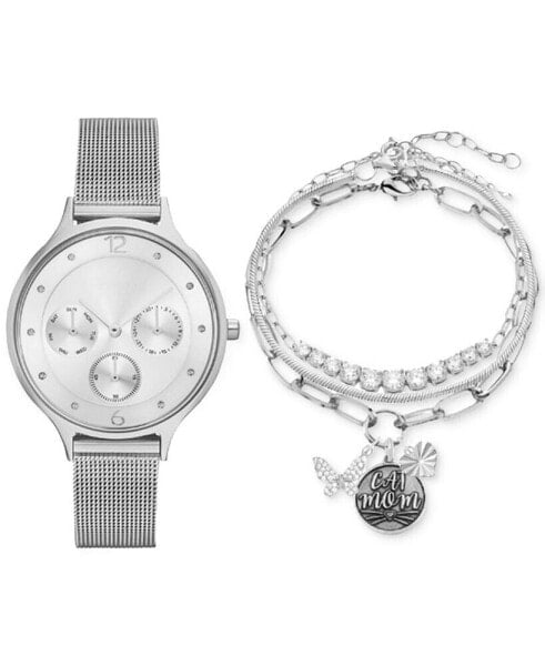 Women's Silver-Tone Mesh Metal Alloy Bracelet Watch 36mm Gift Set