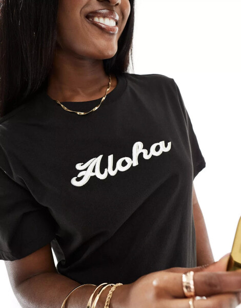 Pieces 'Aloha' beach t-shirt in black