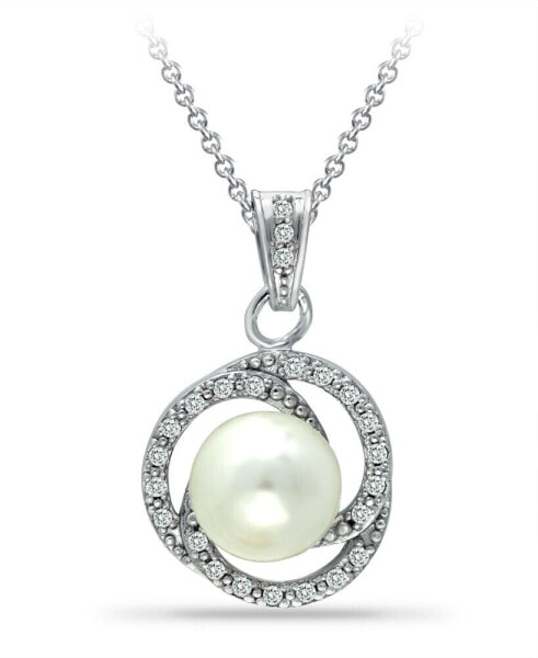 Macy's imitation Pearl with Cubic Zirconia Crystal Swirl Halo Pendant in Silver Plate 18"