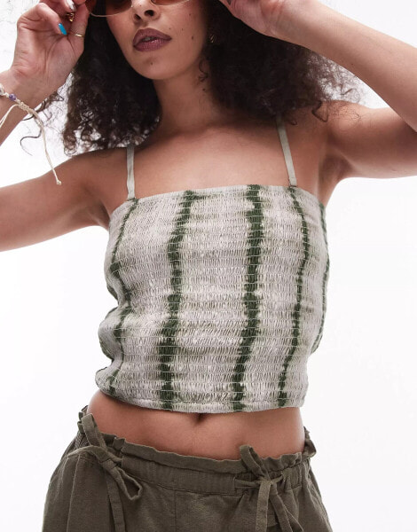 Topshop shirred bandeau top in green tie dye print