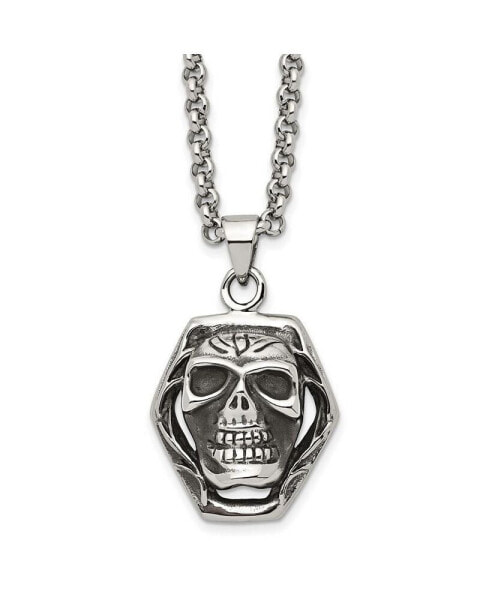 Chisel antiqued and Polished Skull Pendant on a Cable Chain Necklace