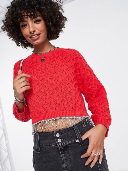 ASOS DESIGN cable jumper with embellished hem in dark pink