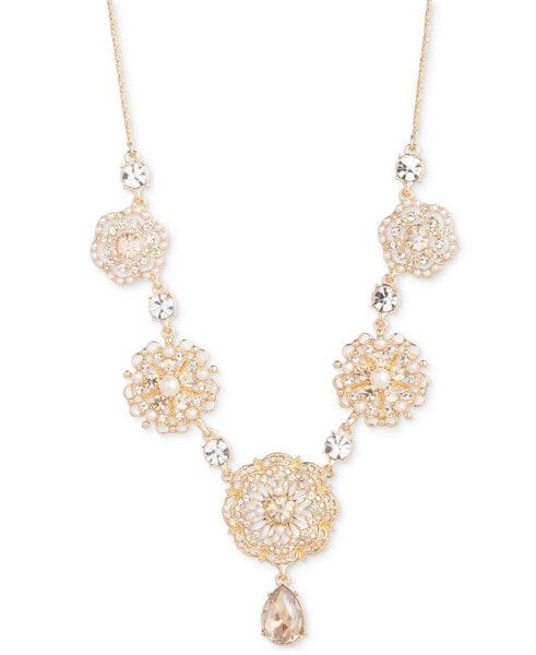 Gold-Tone Crystal & Imitation Pearl Flower Statement Necklace, 16" + 3" extender