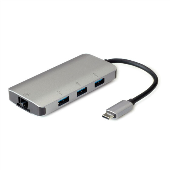 Адаптер ROLINE 12.02.1108 USB 3.2 Gen 1 (3.1 Gen 1) Type-C - RJ-45, USB 3.2 Gen 1 (3.1 Gen 1) Type-A, серого цвета, с функцией Link Gigabit Ethernet, совместимый с Windows 7, Windows 8, Windows XP.