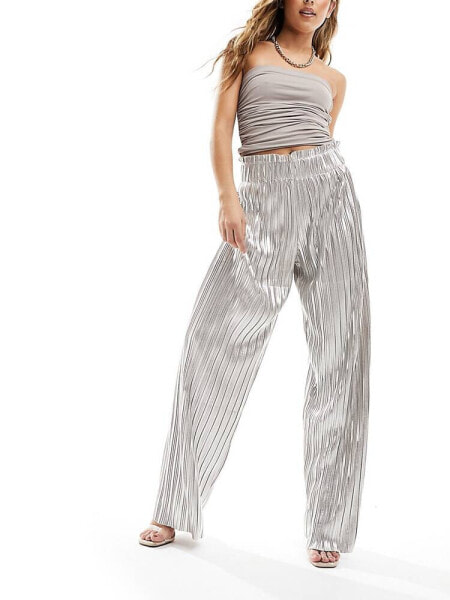 Y.A.S plisse wide leg trousers in metallic silver