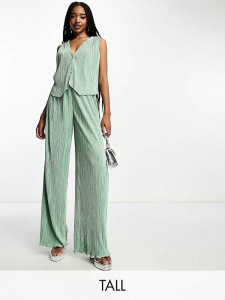 4th & Reckless Tall exclusive plisse waistcoat co-ord in sage