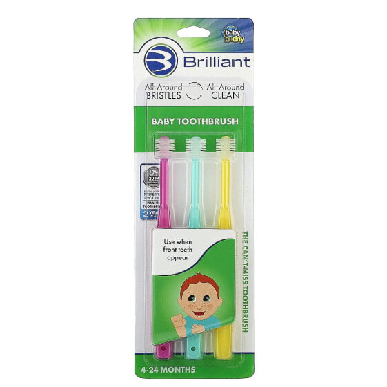 Brilliant, Baby Toothbrush, 4-24 Months, Pink, Mint, Yellow , 3 Toothbrushes