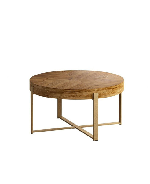 33.86"Modern Retro Splicing Round Coffee Table, Fir Wood Table Top With Gold Cross Legs Base