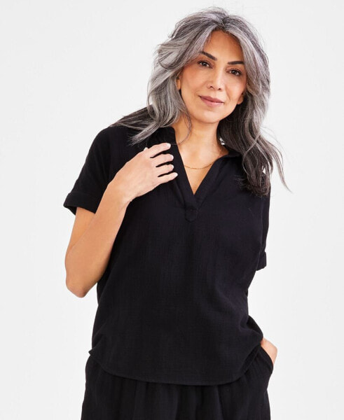 Women's Cotton Gauze Popover Collared Top, Created for Macy's