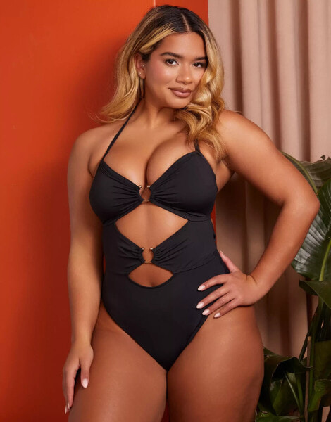 Wolf & Whistle X Natalie Gessey Fuller Bust halter neck cut out swimsuit in black with gold details