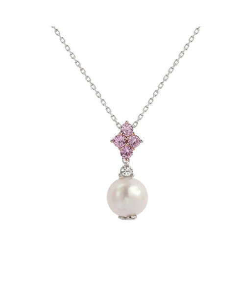 Pink Sapphire & Lab-Grown White Sapphire & Freshwater Pearl Cluster Drop Pendant Necklace in Sterling Silver by Suzy Levian