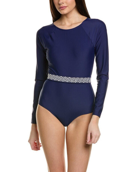 Cabana Life Navy Belted Long Sleeve One-Piece Women's