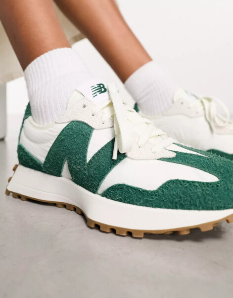 New Balance 327 trainers in white and green - exclusive to ASOS