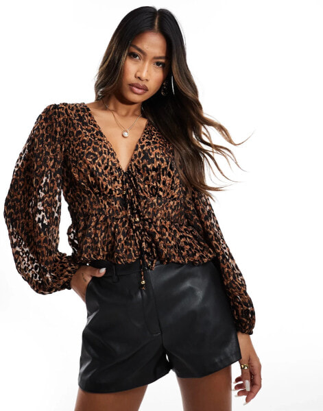 River Island tie front velvet top in leopard print