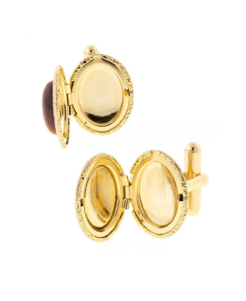 Jewelry 14K Gold Plated Tiger's Eye Oval Locket Cufflinks