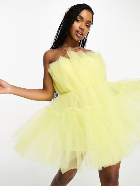 Miss Selfridge premium tulle mini dress with shorts lining in yellow