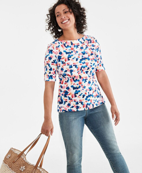 Women's Printed Boat-Neck Elbow-Sleeve Knit Top, Created for Macy's