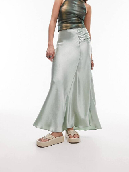 Topshop asymmetric maxi skirt with ruched panel in light green