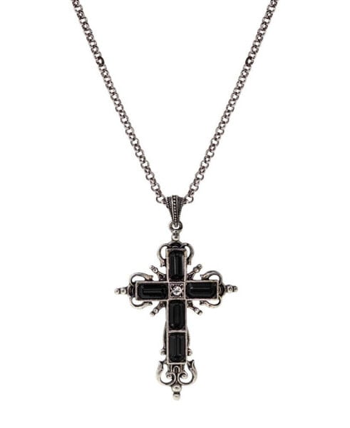 Silver-Tone Black Crystal Cross Necklace