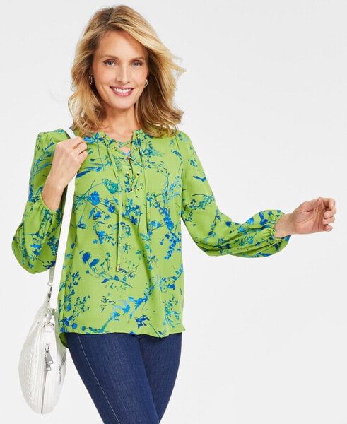 Women's Printed Lace-Up Blouse, Created for Macy's