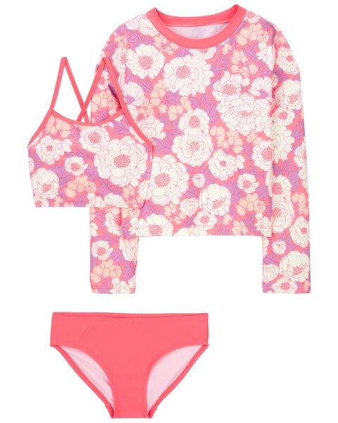 Kid 3-Piece Floral Print Rashguard Swimsuit Set 6-6X