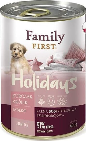 Family First Puszka dla psa, DZICZYZNA/WOŁOWINA/MARCHEW, junior, duoproteina, 400 g