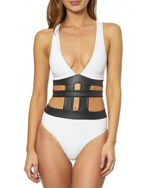 Jets Womens Swimwear Solid White Plunge V Neck Zip Up Cut Out One Piece Size 4