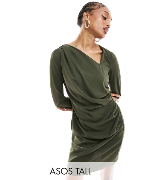 ASOS DESIGN Tall asymmetric neck ruched sleeve mini dress in khaki