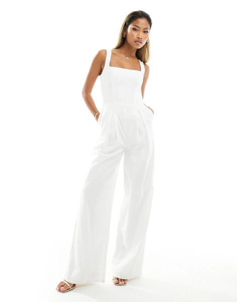 Kaiia linen square neck wide leg jumpsuit in white